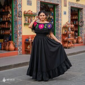Traditional Mexican Embroidered Floral Dress Set – Handmade Two-Piece
